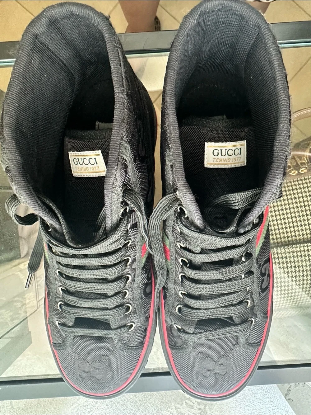 Gucci Black High-Top Sneakers with Red & Green Stripe Accent - Picture 8 of 9